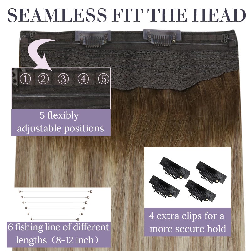 Fshine Invisible Wire Hair Extensions Real Human Hair 14 Inch Wire Human Hair Extensions Balayage Walnut Brown to Ash Brown and Butter Blonde One Piece Hair Extensions Clip in Human Hair Remy Hair 70g - Image 3